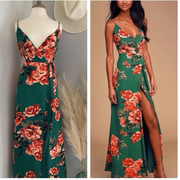 Still The One Emerald Green Floral Print Satin Maxi Dress |  noithatnhienmoc.vn